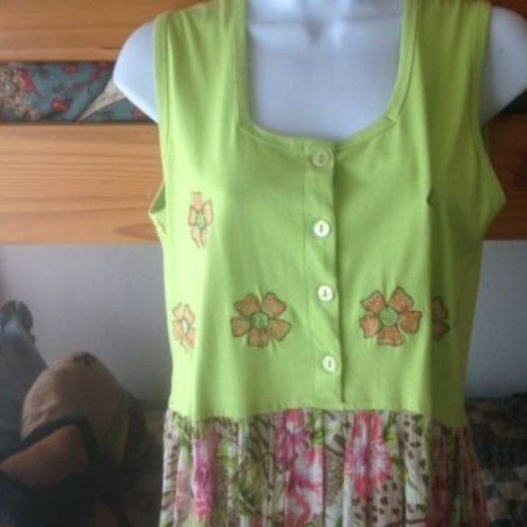 VINTAGE Point One LIME GREEN & CORAL Animal & Floral* Flowy BOHO MAXI Sundress S - Picture 3 of 6